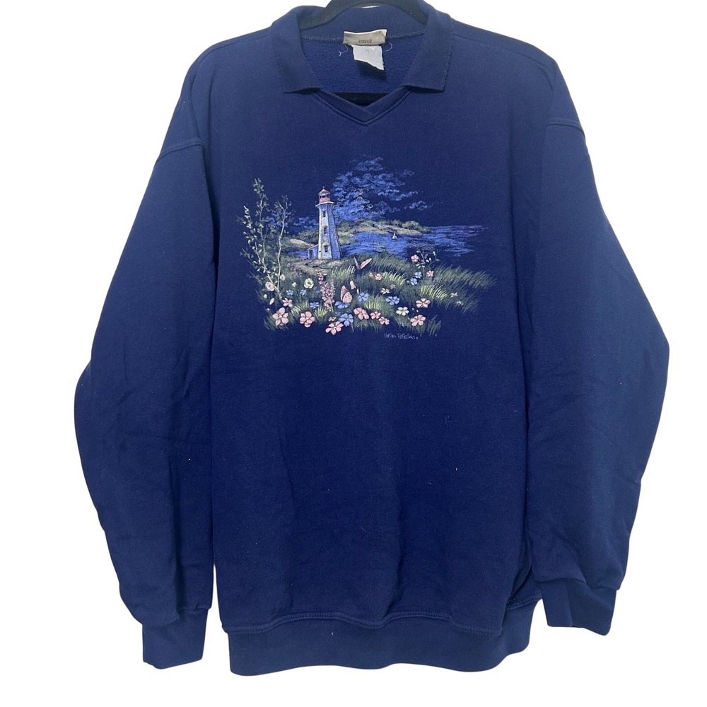 Vintage 80's/90's grandma‎ sweatshirt Navy Blue Lighthouse Scene Pullover